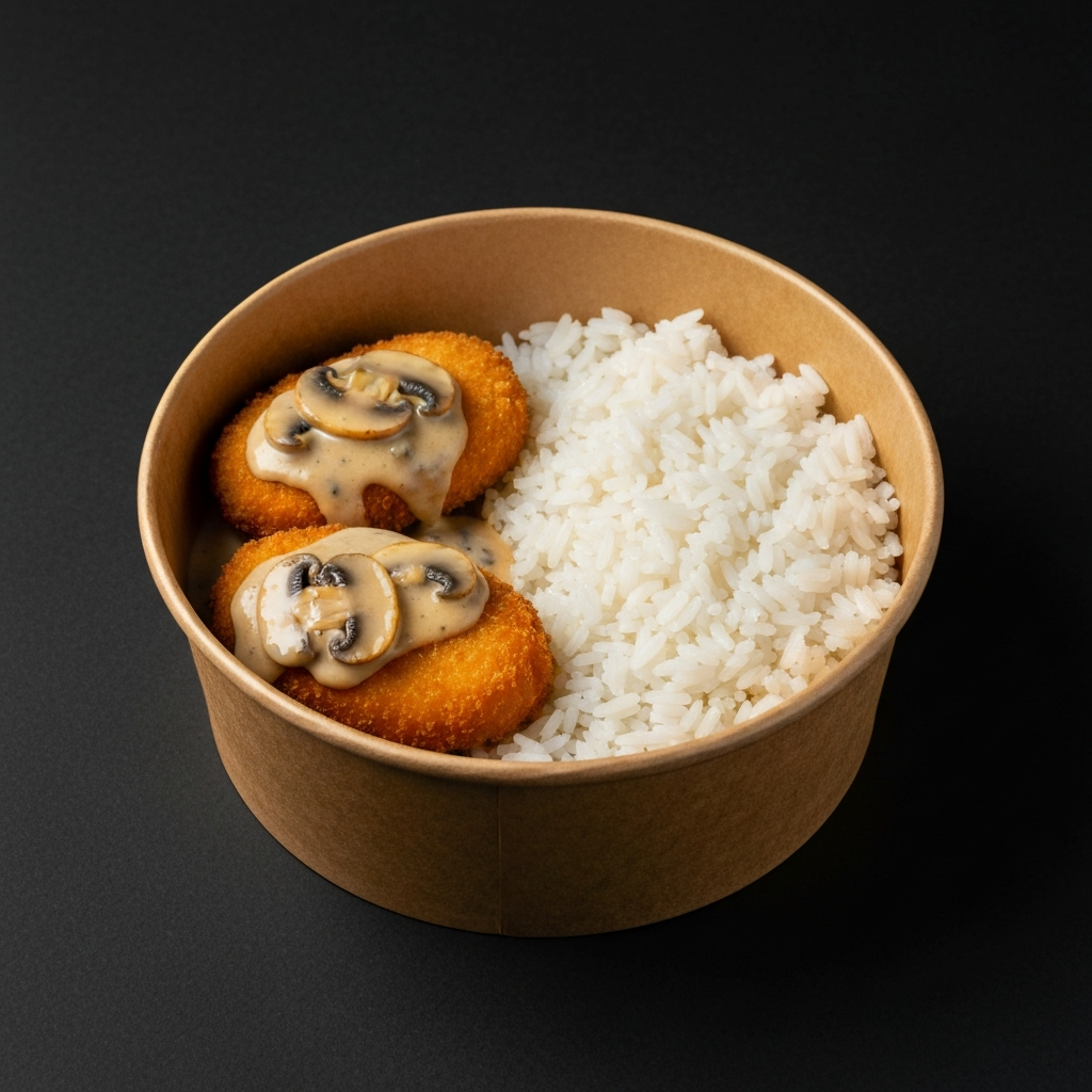 Croquetas de salmón con salsa de champiñones y arroz