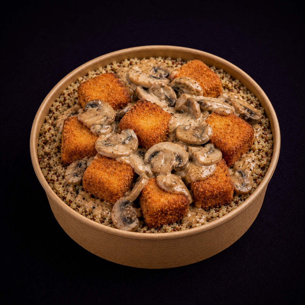 Croquetas de salmón con salsa de champiñones y quinoa