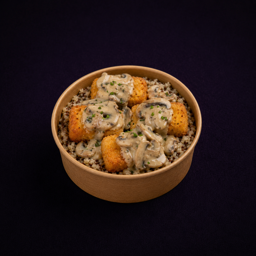 Croquetas de salmón con salsa de champiñones y quinoa